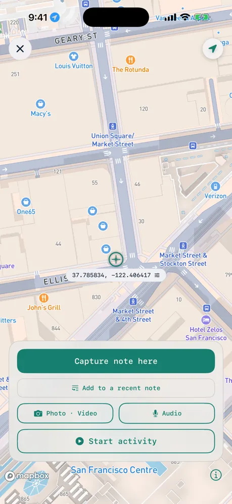 Capturing a note at the crosshair, with quick actions for photo, audio, and starting an activity