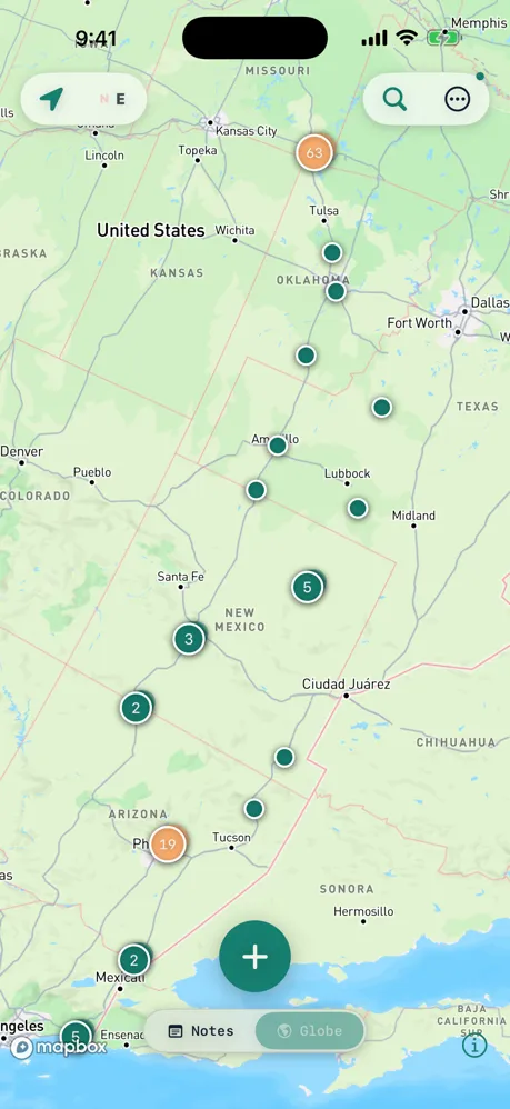 Notes clustered by count across the globe, from a single pin to dozens in one area