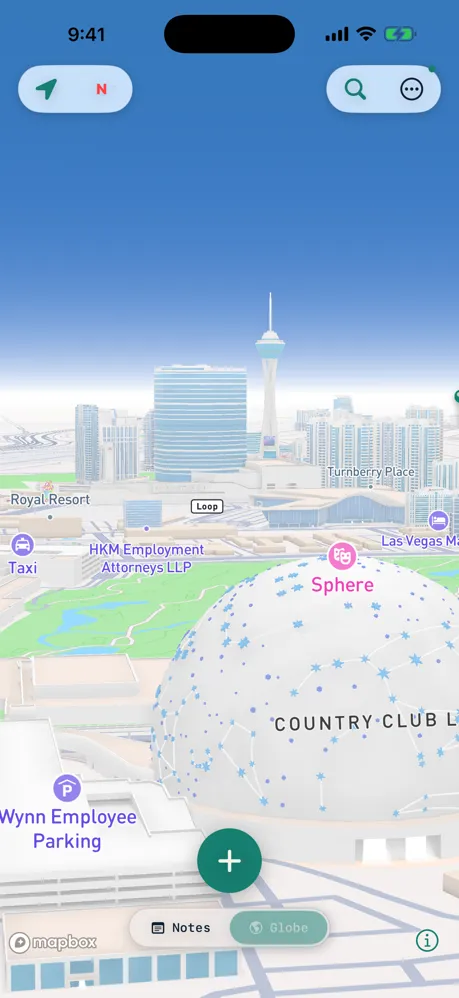 The 3D globe rendering real landmarks, like the Sphere in Las Vegas