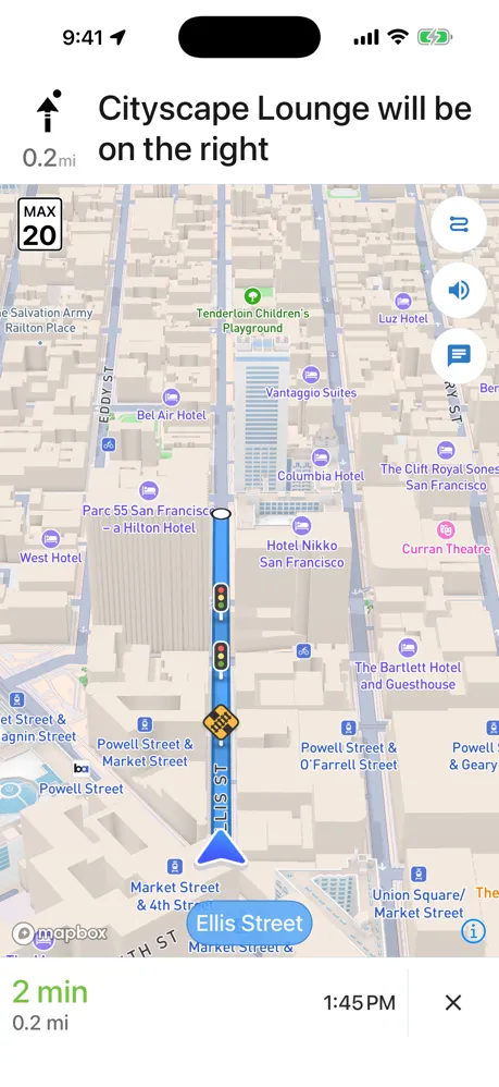 Turn-by-turn navigation with lane guidance and a live speed limit