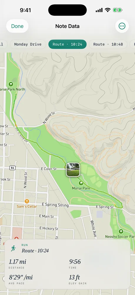 A recorded run route on a terrain map, with a photo attached along the way