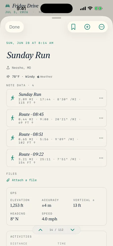 A note's full detail view, with weather, GPS data, and multiple recorded activities