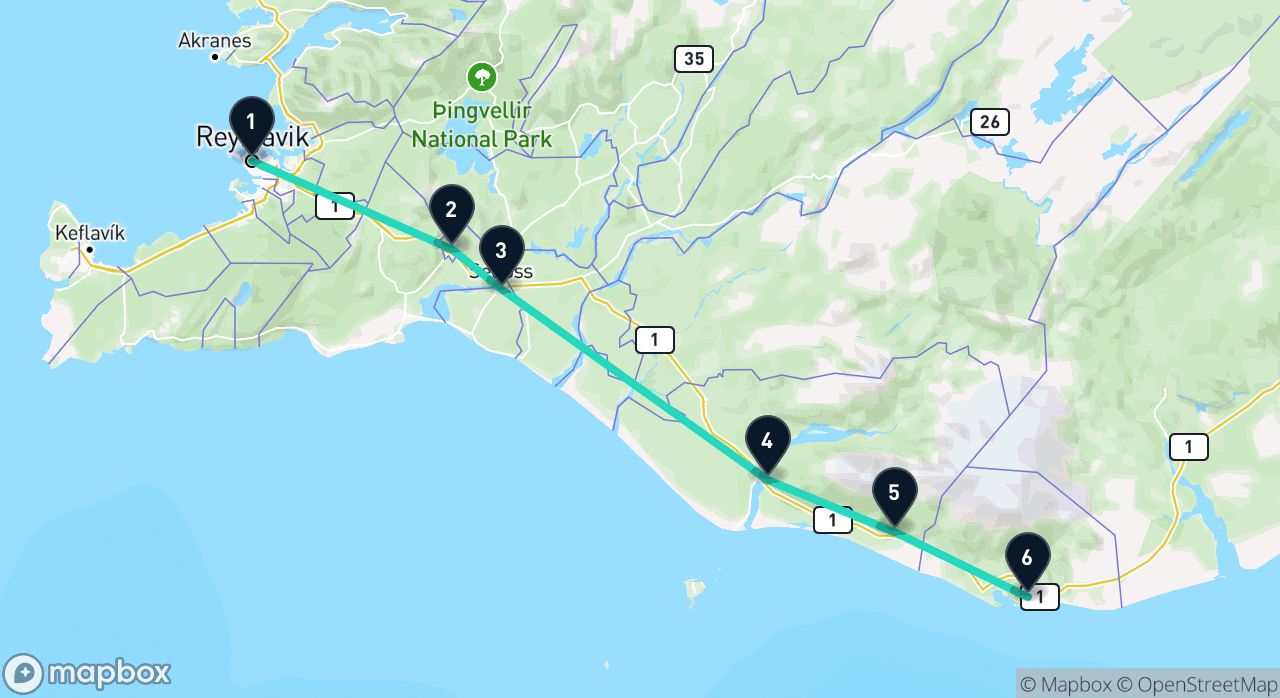 Map of the Iceland South Coast itinerary