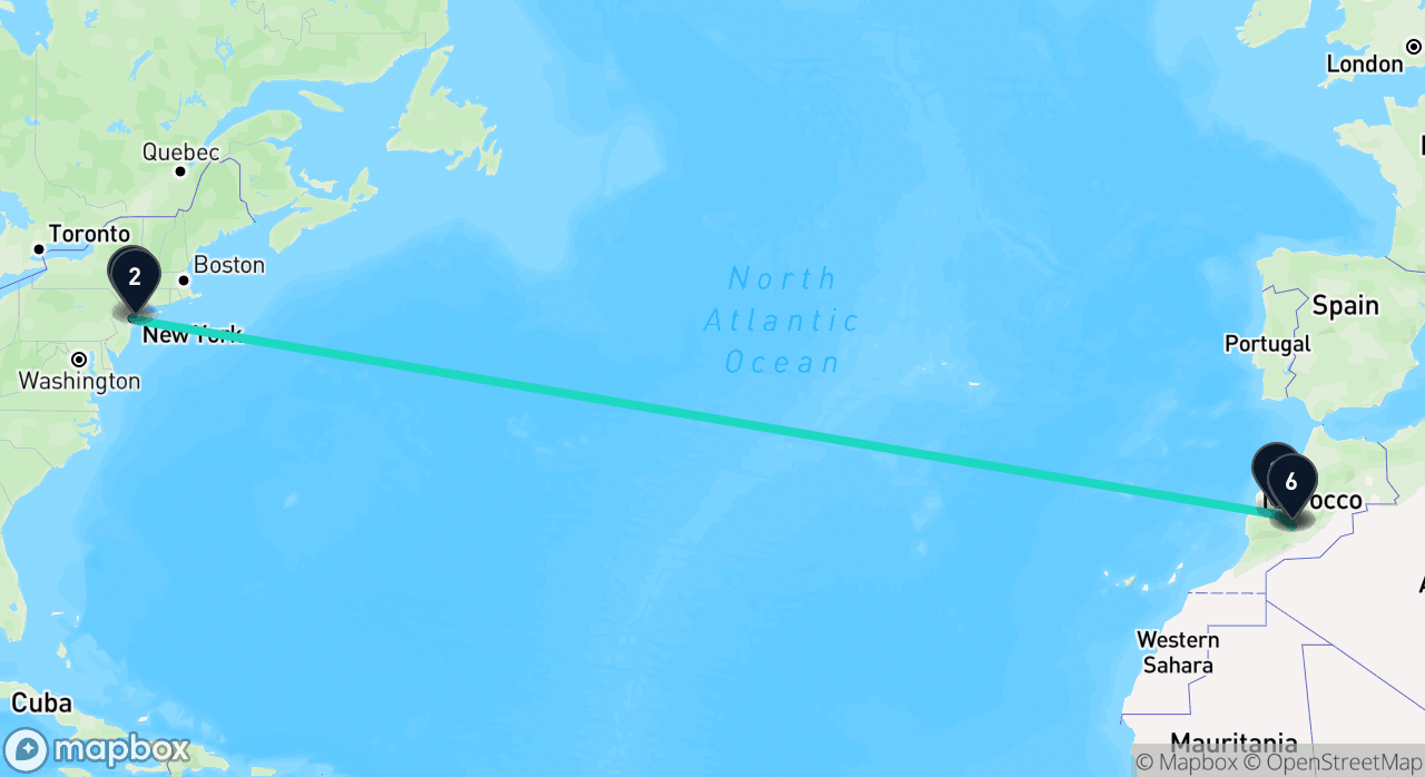 Map of the New York to Morocco itinerary
