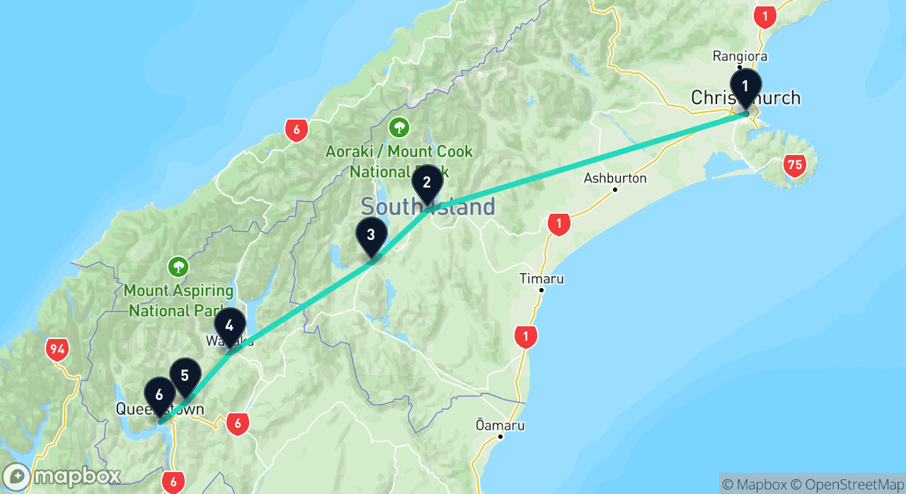Map of the South Island Lakes itinerary
