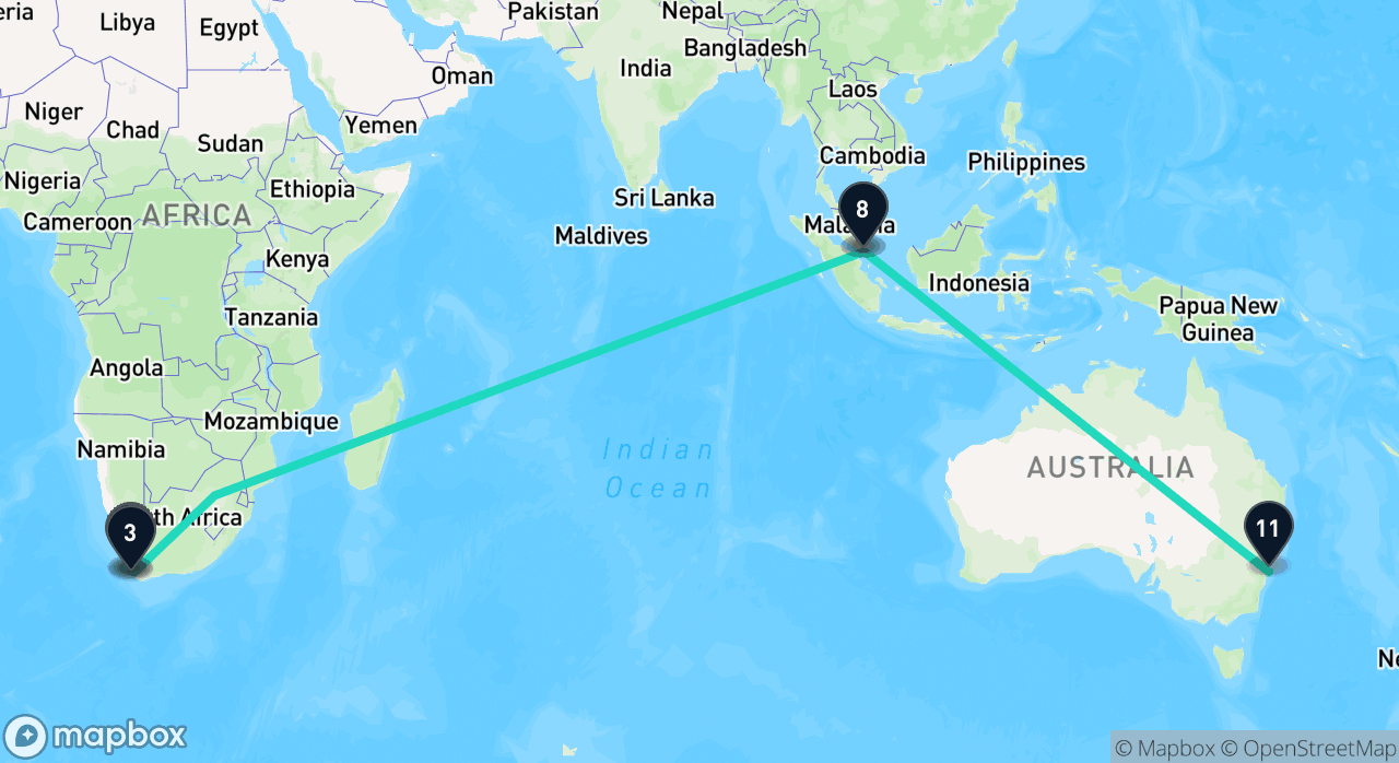 Map of the Three Continents Southbound itinerary